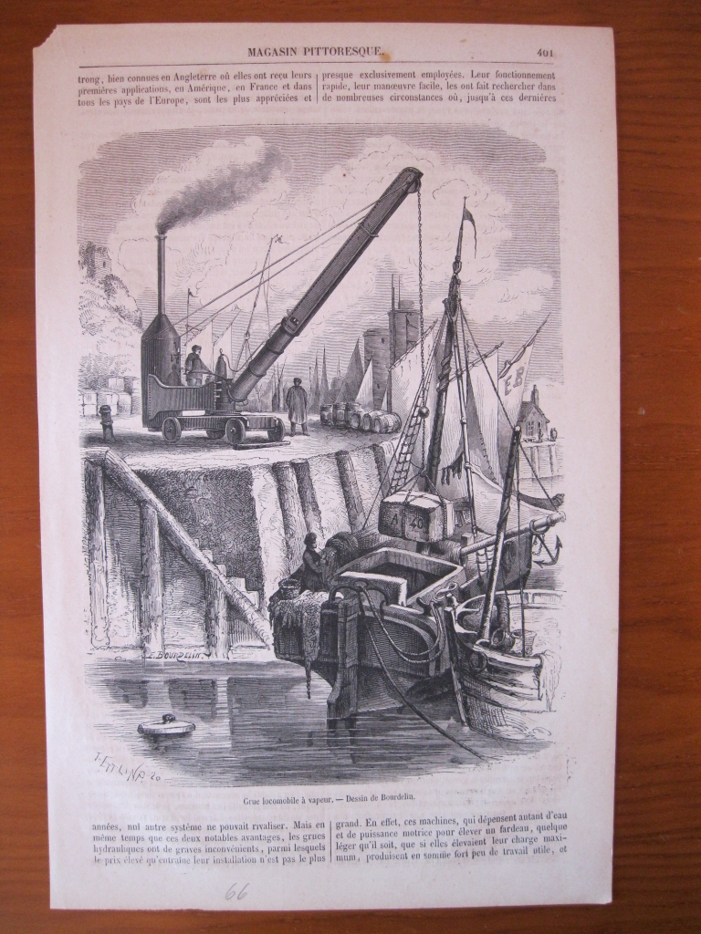 Modelo de grúa a vapor en un puerto, 1866.